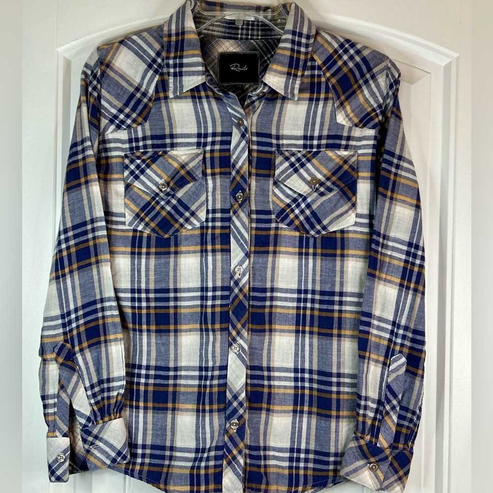 Rails Hunter Plaid Blue White Yellow Button Up Long Sleeve Shirt Women’s Size XS